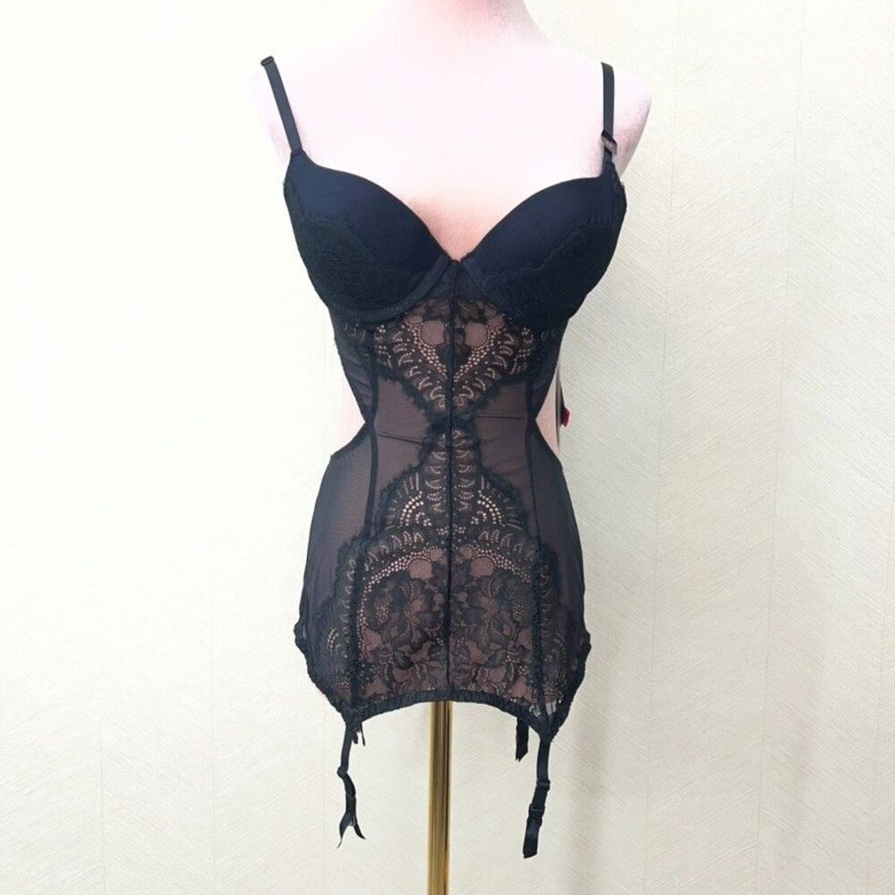 La Senza Garter Straps Black Lace Mesh Merry Widow Bustier Corset Womens S NWT